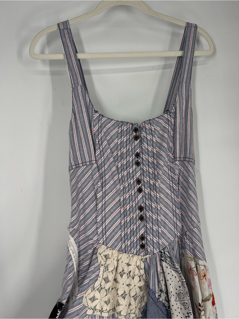 Pilcro Patchwork Upcycled Striped Sleeveless Ruffle Bohemian Prairie Midi Dress - Picture 3 of 9